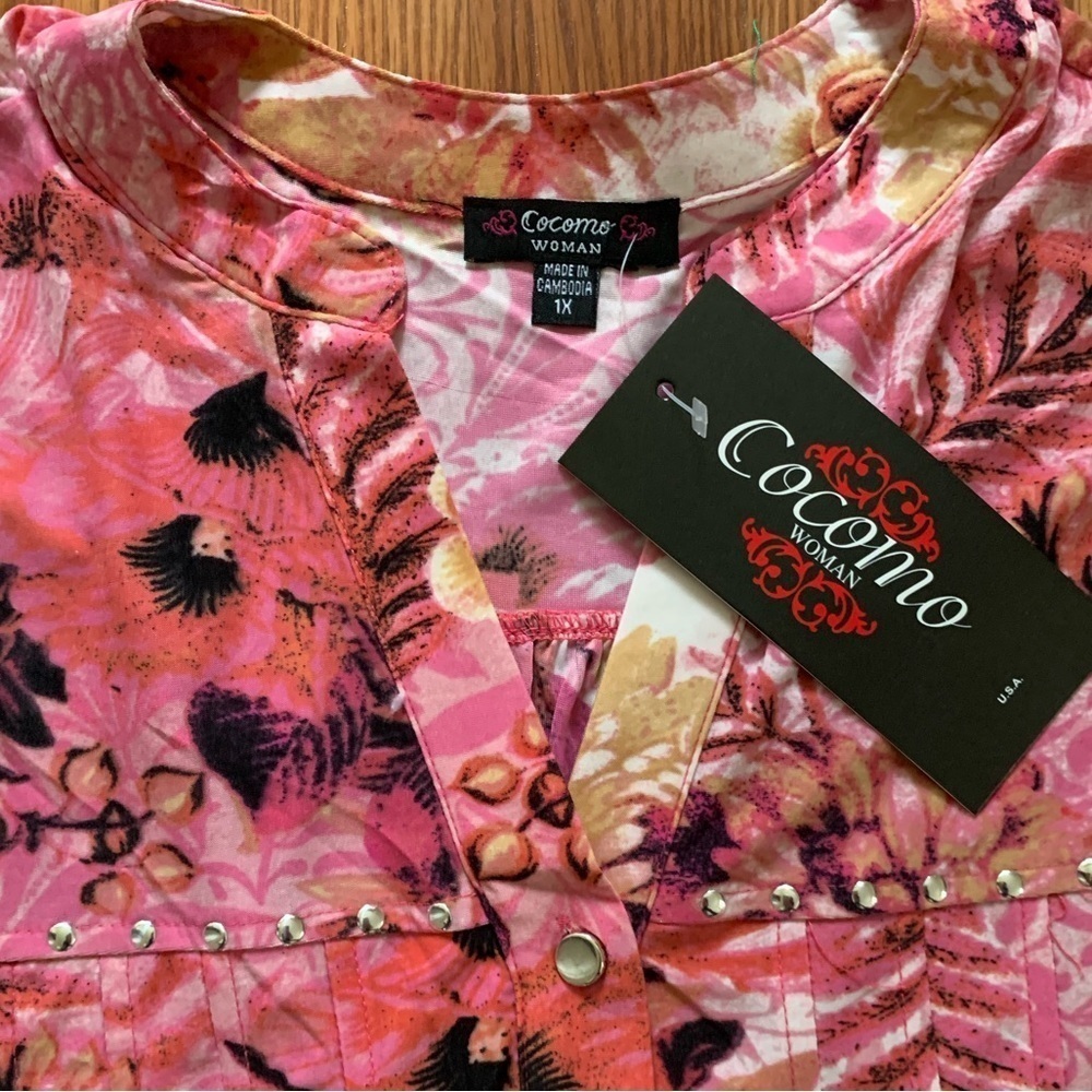 COCOMO 1X Pink Floral Plus Size 3/4 sleeve women’s Pintuck Blouse top sh… - Picture 8 of 12